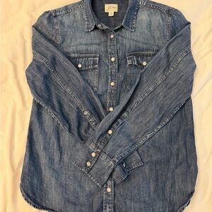 J. Crew Sz 10 Western Pearl Snap Chambray Shirt Denim cowgirl country rodeo